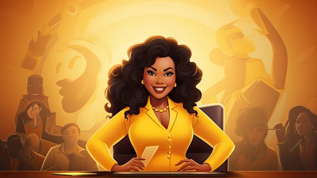 Diverse corporate culture cartoon illustration - Generative AI. Dark-skinned, woman, businesswoman, yellow, jacket.