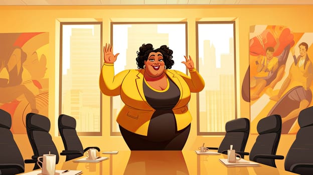 Diverse corporate culture cartoon illustration - Generative AI. Dark-skinned, woman, businesswoman, yellow, jacket.