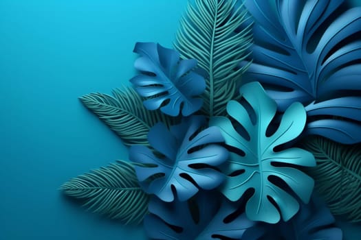 illustration branch fashion tree monstera background design decoration nature vacation pattern tropical exotic blue tree beach wallpaper summer leaf paper plant tropic. Generative AI.