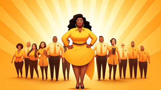 Inclusive leadership cartoon illustration - Generative AI. Plus, size, businesswoman, employee, yellow.