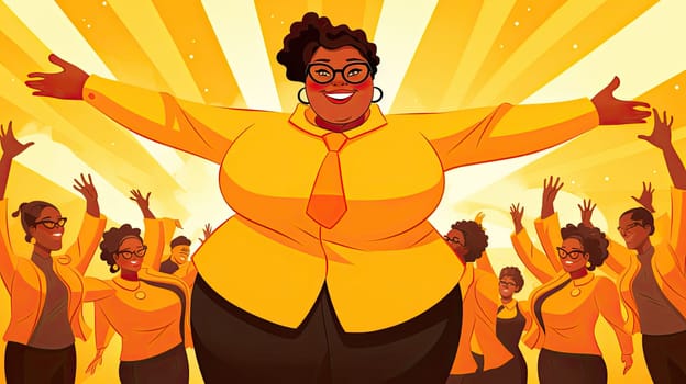 Inclusive leadership cartoon illustration - Generative AI. Plus, size, businesswoman, employee, yellow.