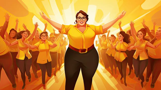 Inclusive leadership cartoon illustration - Generative AI. Plus, size, businesswoman, employee, yellow.