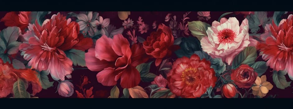 peony banner vintage black pattern spring dark graphic burgundy flower beautiful nature background summer bouquet floral valentine wedding blossom wallpaper decoration. Generative AI.