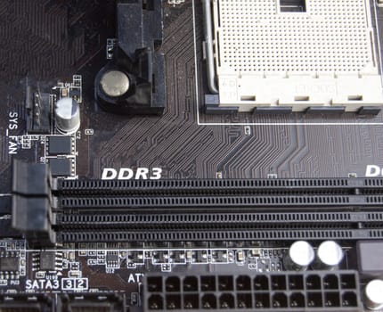 Close-up top view of motherboard, computer motherboard
