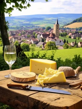 Board with cheeses, white wine in a glass and grapes. Still life of table for tasting cheese and wine, cozy romantic atmosphere, outdoor village panorama on a warm sunny day AI