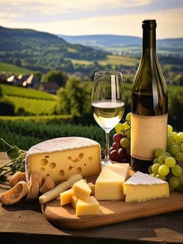 Board with cheeses, white wine in a glass and grapes. Still life of table for tasting cheese and wine, cozy romantic atmosphere, outdoor village panorama on a warm sunny day AI