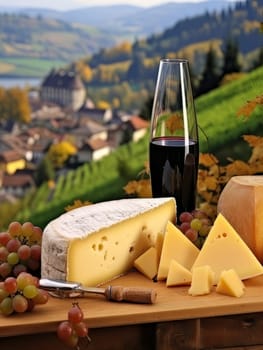 Board with cheeses, red wine in a glass and grapes. Still life of table for tasting cheese and wine, cozy romantic atmosphere, outdoor village panorama on a warm sunny day AI