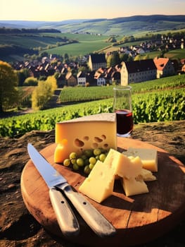 Board with cheeses and red wine in glass. Still life of table for tasting cheese and wine, cozy romantic atmosphere, outdoor village panorama on a warm sunny day AI