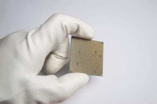 Picture of CPU chip in hand, CPU with many pins, on white background.