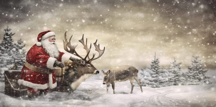 art banner merry greeting santa forest illustration claus season postcard card snow christmas person vintage deer snowy sleigh reindeer template. Generative AI.