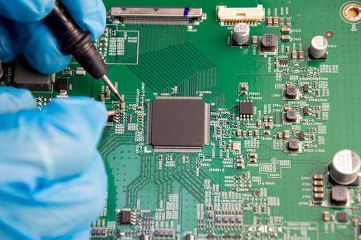 Top view of electronic motherboard, motherboard repair