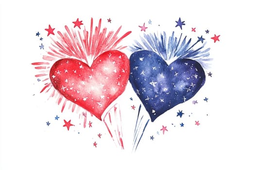 Watercolor of heart shaped fireworks with drops isolated on a white background Valentines day
