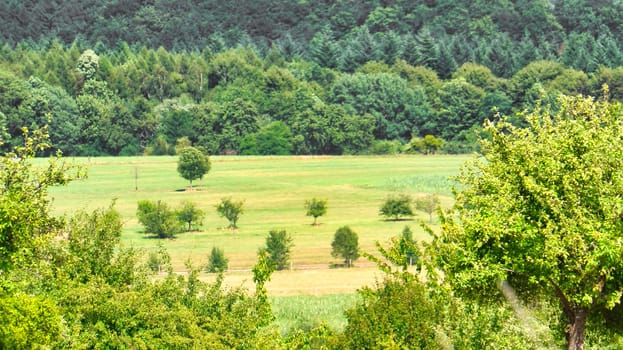 Vast landscape with green forests, rolling hills and a blue sky with white clouds. Idyllic nature, peace and freedom in a summery setting.