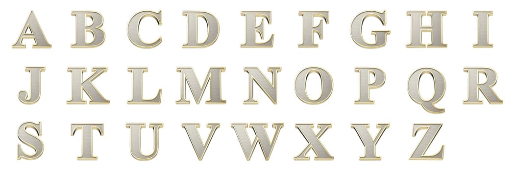 Set of English alphabet letters with a metallic silver finish and a shiny golden frame