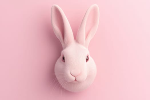 A pink rabbit with a pink face and pink ears. The rabbit is looking at the camera. The pink color of the rabbit and the pink background create a cute and playful mood
