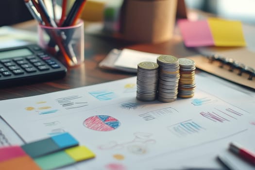 A stack of coins sits on top of a piece of paper with a pie chart on it. The chart shows a graph of a company's profits over time