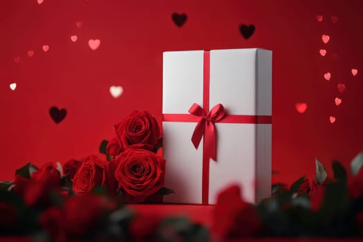 A white box with a red ribbon sits on a red background with red roses. The roses are arranged in a way that they surround the box, creating a romantic and festive atmosphere
