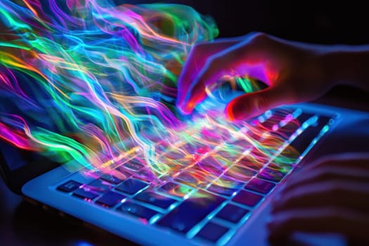 A person is typing on a laptop with a colorful keyboard. Concept of creativity and innovation, as the colorful keyboard suggests that the person is working on a project that requires a unique