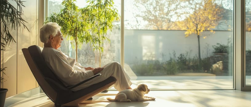 A woman is sitting in a chair next to a dog. The dog is laying on the floor. The woman is looking out the window