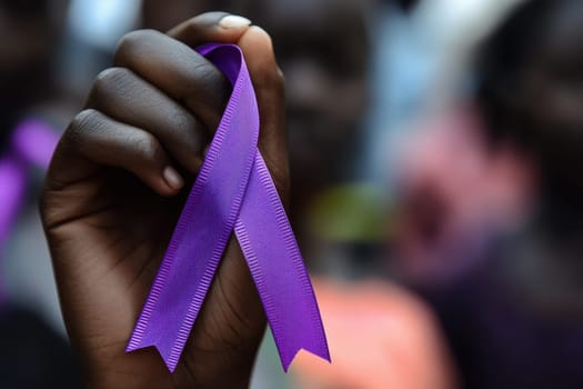 A hand holding a purple ribbon. The ribbon is purple and is being held up. The person holding the ribbon is likely raising awareness for a cause or event