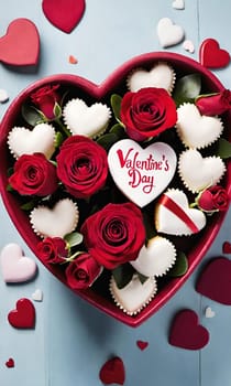 sweet cake heart love valentine's day dessert red pink roses cream food tasty beautiful decorated plate. High quality photo alt