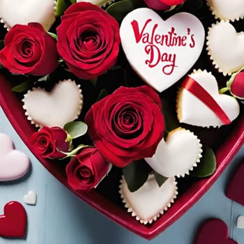 sweet cake heart love valentine's day dessert red pink roses cream food tasty beautiful decorated plate. High quality photo alt