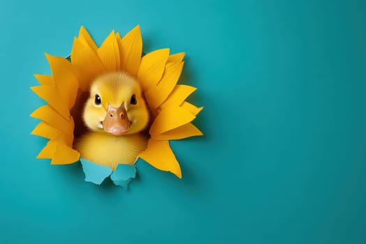 A duck is peeking out of a yellow flower. The duck is looking at the camera and he is curious