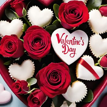 sweet cake heart love valentine's day dessert red pink roses cream food tasty beautiful decorated plate. High quality photo alt