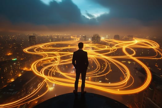 A man stands on a rooftop looking out over a city with a bright orange glow surrounding him. Concept of awe and wonder at the vastness of the city and the endless possibilities it holds