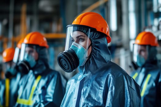 A group of people wearing protective gear and masks. Scene is serious and focused
