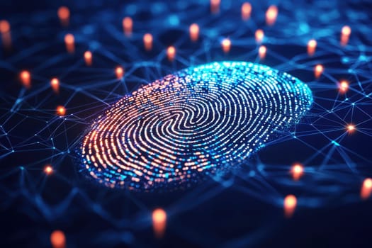 A blue and orange fingerprint is shown in a pattern of lines and dots. Concept of technology and artificial intelligence, as the fingerprint is displayed in a digital format