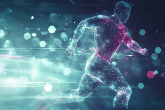 A man is running in a futuristic world with a blue background. The man is wearing a blue shirt and is surrounded by a blue and purple background. The image has a futuristic and energetic vibe