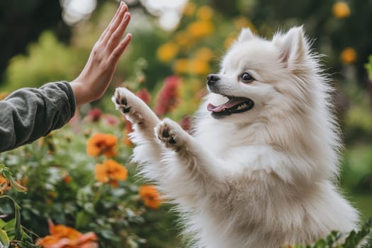 A person is giving a high five to a white dog, who is wagging its tail. The dog is standing in front of the person, and they are both smiling
