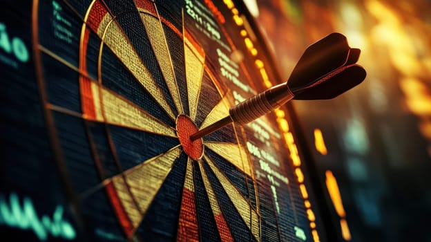 A black dart is flying towards a bullseye on a dartboard. Concept of focus and determination as the dart player aims for the target