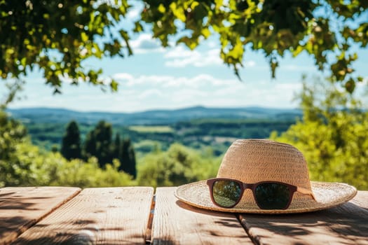 A straw hat and sunglasses are on a wooden table in a sunny field. The hat and sunglasses suggest that the person wearing them is enjoying a day outdoors, likely on a sunny day