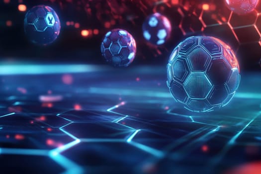 A bunch of soccer balls are floating in the air. The balls are all different sizes and colors