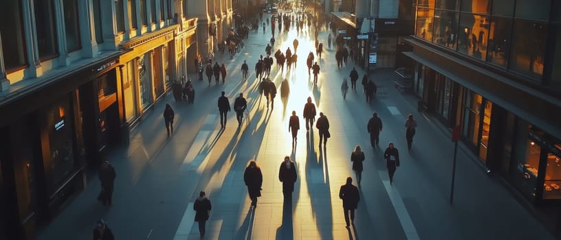 A busy city street with people walking and riding bikes. The sun is shining brightly, casting shadows on the ground. The scene is bustling and lively, with people going about their daily routines