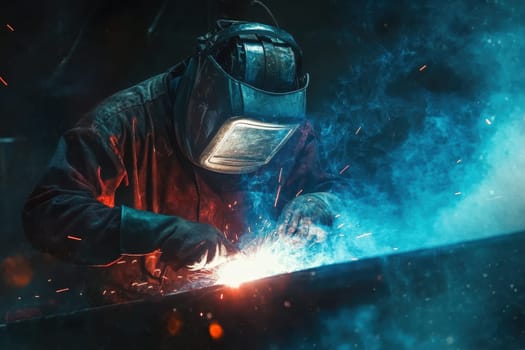 A man in a welding suit is working on a piece of metal. The image has a mood of intensity and focus, as the man is focused on his task