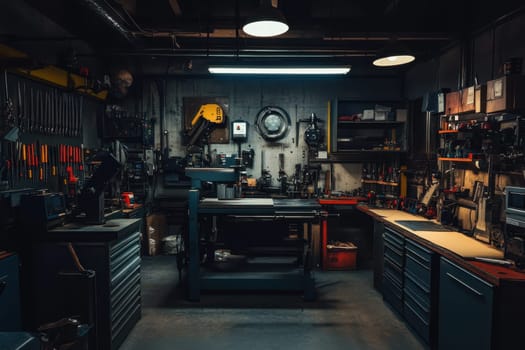 A workshop with a lot of tools and equipment. Scene is that of a busy and well-equipped workspace