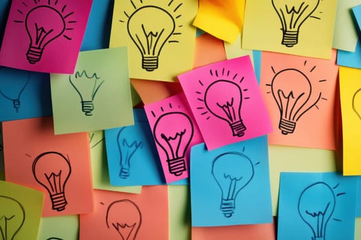 A bunch of colorful sticky notes with light bulbs drawn on them. The light bulbs are in different colors and sizes, and they are all scattered around the paper. Scene is cheerful and creative