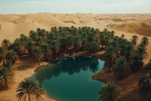 A large body of water surrounded by palm trees. The water is blue and the palm trees are green