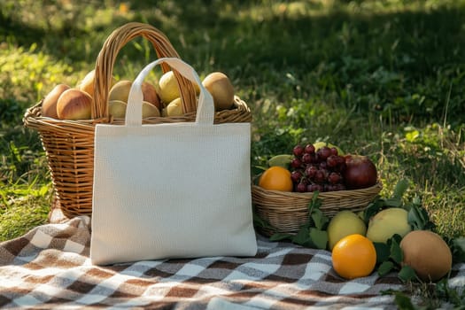 A basket of fruit is on a blanket next to a white bag. The fruit includes apples, oranges, and grapes