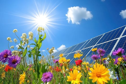A field of flowers with a bright sun shining on them. The sun is the main focus of the image, and the flowers are in the background. Scene is cheerful and bright, as the sun