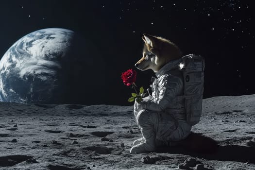A dog is wearing a spacesuit and holding a rose. The image has a whimsical and playful mood, as it combines the idea of a dog in space with a romantic gesture