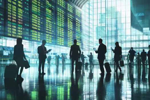 A group of people are walking through a large airport terminal with many screens displaying stock prices. Scene is busy and bustling, with people carrying luggage and using their devices
