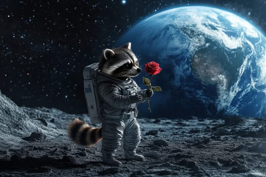 A raccoon astronaut is holding a rose in space. The image is a creative and whimsical representation of the idea of love and exploration