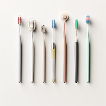 This 3D rendering features a variety of colorful toothbrushes isolated on a white background. Each toothbrush showcases unique designs and vibrant colors, arranged neatly.