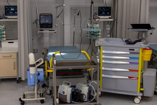 Moscow, Moscow region, Russia - 03.09.2023:Medical patient bed and advanced equipment in a contemporary hospital room.