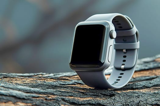 Stylish smartwatch with black screen and light gray strap against textured tree bark background in natural environment.