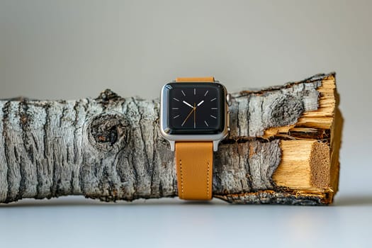 Stylish smartwatch with black screen and light gray strap against textured tree bark background in natural environment.